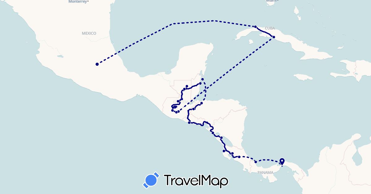 TravelMap itinerary: driving in Belize, Costa Rica, Cuba, Guatemala, Honduras, Mexico, Nicaragua, Panama, El Salvador (North America)